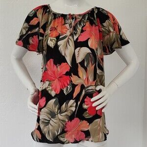 Hibiscus Flower Tropical Flutter Ruffle Sleeve Flouncy Top Vacation Resort Wear